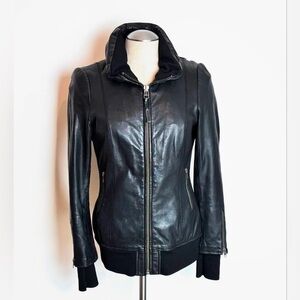 Mackage Black leather jacket with hidden hood in collar size small